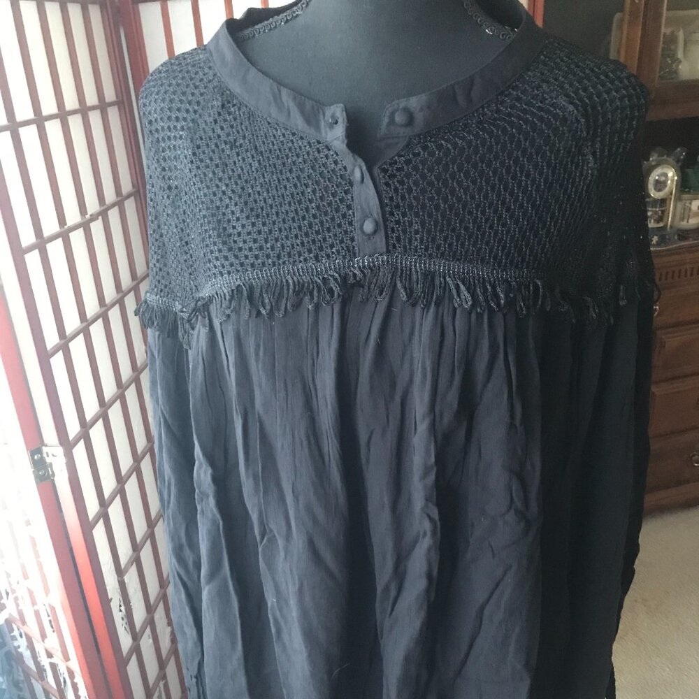 Junior Plus Size Black Boho Sheer Net Mesh Balloon Sleeve Relaxed Top 1X NEW